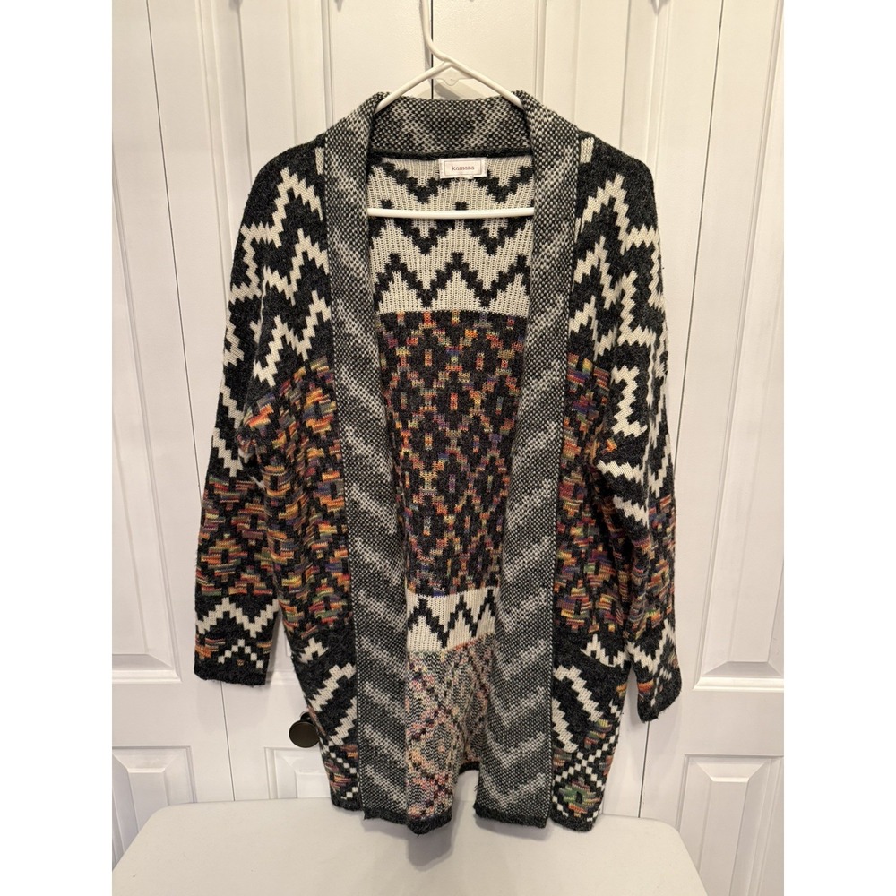 Women's KAMANA Aztec‎ Bohemian Open Front Cardigan Sweater Size L Apron Pockets